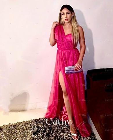 One Shoulder Maxi Prom Dress Side Split Design Party Dresses Glitter A Line  Sweetheart Vestidos De Noche US Size 16W Color custom color