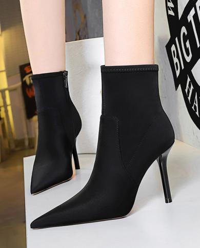 Hot Black Silk Elastic Ankle Boots Women High Heels Nightclub Slim Short Boots Female Pointy Toe Stiletto Work Zipper S Shoe Size 4.5 Color Black Cotton Fabric