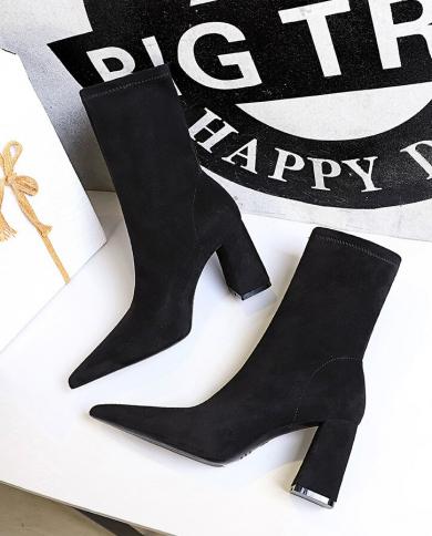 Plus Size 43 Thick Heel Ladies Work Boots Black Flock Slim Slip On