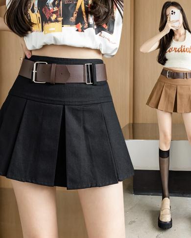 Style Girls Cute Mini Pleated Skirt Women 2023 Summer New With A Belt Skirts Female Cheap Wholesale Dropshipping size S Color Black