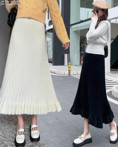 New Knitted Winter Skirts Women Vintage Elastic High Waist Long Skirt Fashion Solid A Line Skater Jupe Femme Thick Warm size One size Color Black