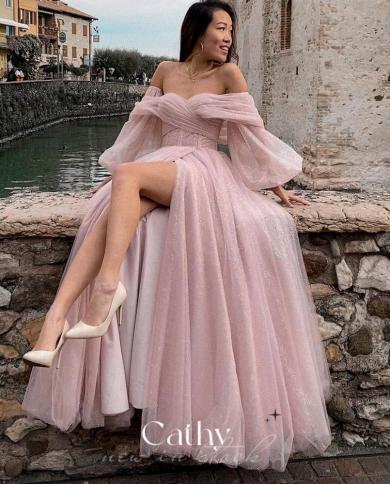 Princess Puffy Sleeve Prom Dress Sweeite Off The Shoulder Party Dress Tulle Sweep Train Evening Dresses Vestidos De Noch Color Blue US Size 16W