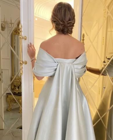 Off Shoulder Satin Floor Length Prom Dress Side Pleated