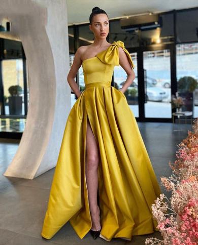 One Shoulder Prom Dresses With Bow Design Satin A Line Vestidos De Noche  فساتين السهرة Advanced Satin Vesti Color custom color US Size Custom Size