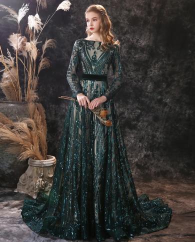 Long Evening Dresses Elegant Muslim Mermaid Long Sleeve Sequined Hunter  Green Prom Party Formal Gown Evening Dresses Color Dark Green US Size 8