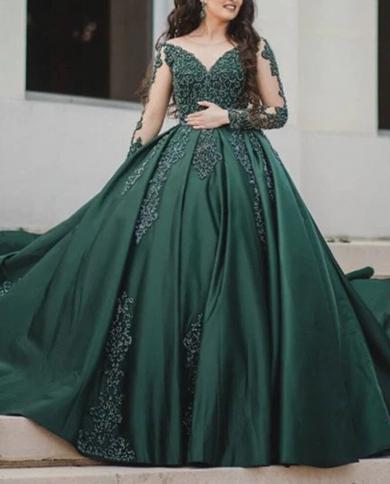 Dubai Emerald Green Lace Evening Dresses Princess Long Sleeves Applique  Sheer Neck 2023 Saudi Arabic Formal Wedding Gown Color Burgundy US Size 8