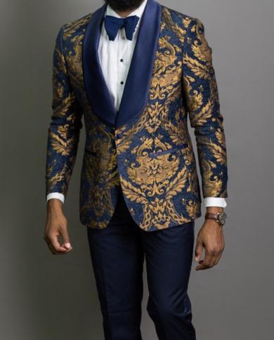 Gold Floral Jacquard Prom Men Suits Blue Shawl Lapel 3 Piece Slim