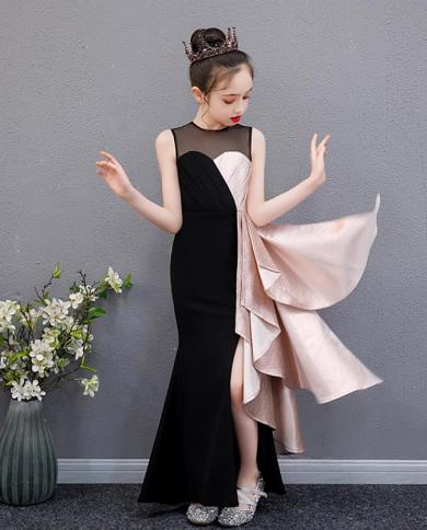 New Girl Princess Dress Children Fashion Show Birthday Party Evening Gown Sleeveless Unique Stitching Mermaid Girl Dress Color Black Kid Size 8T130cm
