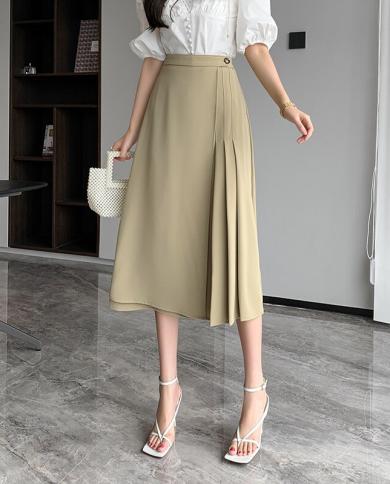 Office Ladies Elegant High Waist A Line Pleated Skirt Women 2023