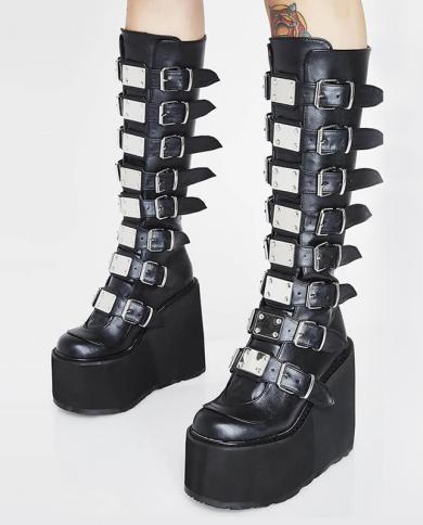 Ins Black Women Platform High Heel Wedges Thick Heel Metal Buckle