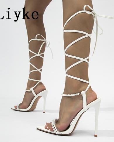 Liyke 2023 New Black White Ankle Strap Women s String Bead Pointed
