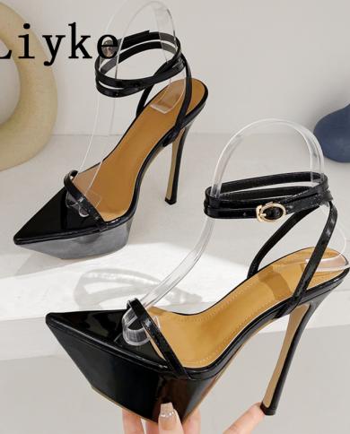 Liyke Runway Style Ankle Strap Gold Sandals For Women Thick Bottom