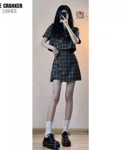 Summer Plaid Skirt Set Women High Waist Kawaii Two Piece Set Female Fashion Streetwear Party Mini Skirt Set 2023 size M Color Black