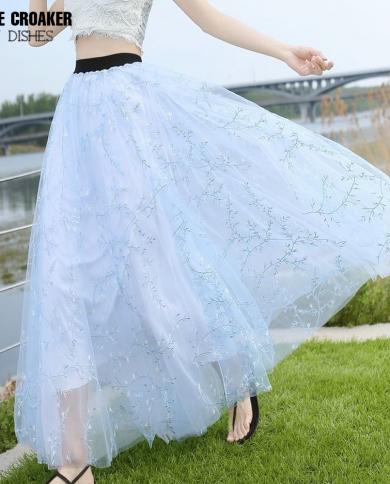Lace Summer 3 Layer Embroidery Floral Long Mesh Maxi Skirts Women Elastic High Waist Flower Tulle Skirts Falda Oficina M size One size Color Beige