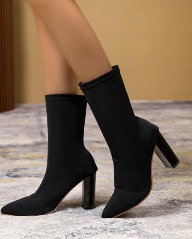 Women 10cm High Heels Silk Sock Boots Female Green Short Ankle Boots Lady Stripper Winter Pointed Toe Gothic Designer Sh Color Black Shoe Size 36