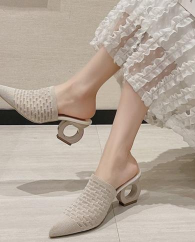 Womens Mules Slippers Pointed Toe Strange High Heels Shoes 2023