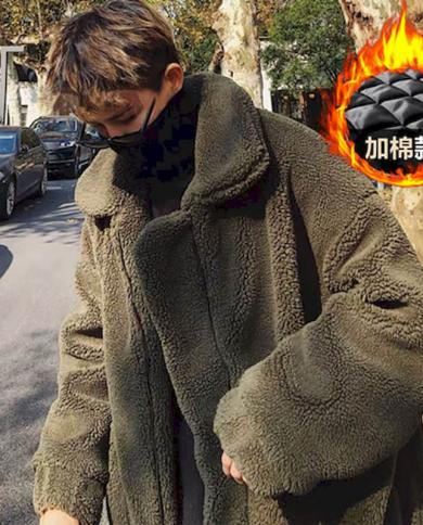Cotton Thick Lamb Wool Coat Mens 2023 New Winter Padded Jacket Hong Kong Style Student Warm Jacket Mens Clothing size XXXL Color Army Green