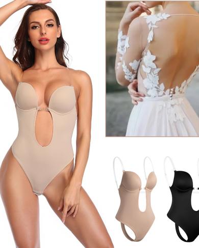 Women Plunging Deep V Neck Strapless Backless Bodysuit Seamless Thong Full Body  Shapewear For Wedding Partytops size L Color Black