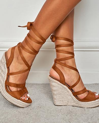 Lace up straw platform sandals top