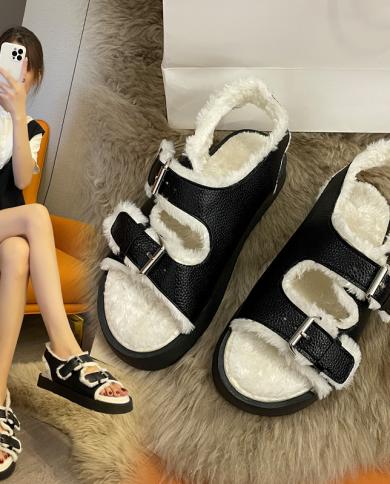Women Rome Furry Fur Sandals Double Buckle Band Cotton Sandales