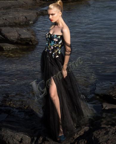 Caroline Black Contrast Color Side Slit Strapless Evening Dress A