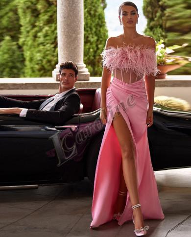 Caroline Charming Light Pink Feathers Satin Luxury Celebrity Gown Evening Dress Illusion Mermaid Customised Robe De Ball Color Burgundy US Size 2
