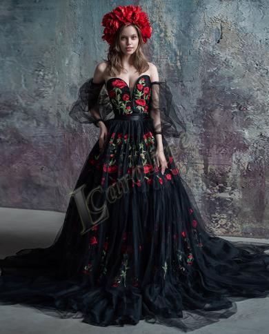Caroline Black Ribbon Rose Flower Puff Sleeve Evening Dress Illusion A Line Prom  Gowns Party Custom Made Robes De Soir Color Burgundy US Size 6