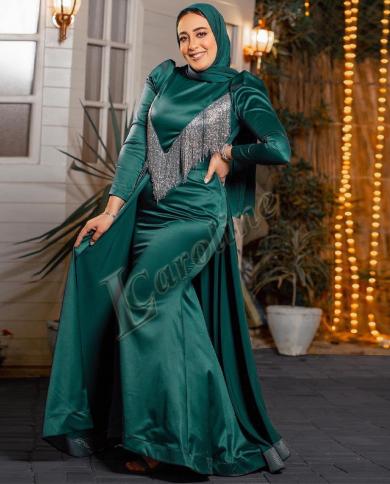Caroline Trumpet Green Satin Muslim Tassel Long Sleeve Saudi Arabia Evening  Dress Sheath For Women Made To Order Robes D Color champagne US Size 6