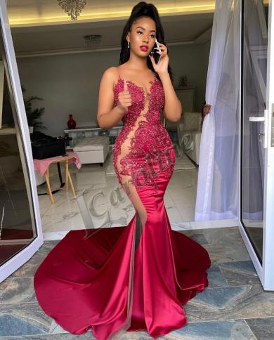 Caroline Red Sheath Beading Mermaid Scoop Evening Dress See