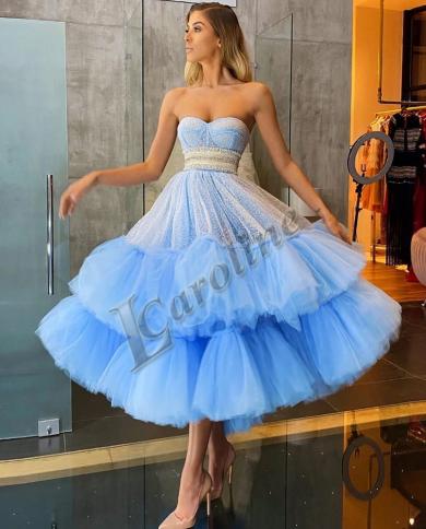 Caroline Engagement Sky Blue Sweetheart Rhinestone Evening Dress Sleeveless A Line Tiered Gowns Custom Made Robe De Stre Color Navy blue US Size 20W