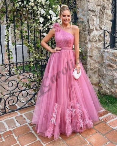 Caroline Duabi Women Pink Evening Dress Pleat Feathers One Shoulder A Line  Vestidos Robes De Soire Prom Gowns Party Cu US Size 12 Color Ivory