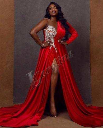 Caroline Red Satin One Shoulder Evening Dress Sleeveless A Line Appliques Side Slit Prom Gowns Party Custom Made Robes D Color Burgundy US Size 2