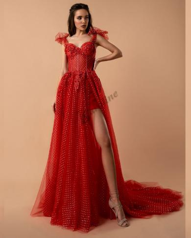 Caroline Red Sweetheart Evening Dress Appliques Beads Sleeveless A Line  Side Slit Polka Dots Prom Gowns Party Custom Mad US Size 12 Color Ivory