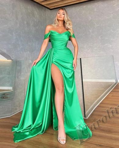 Caroline Bright Satin Long Evening Dress Side Slit Short Off