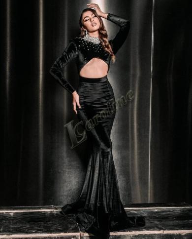 Caroline Black Mermaid Evening Dress High Neck Beaded Glitter