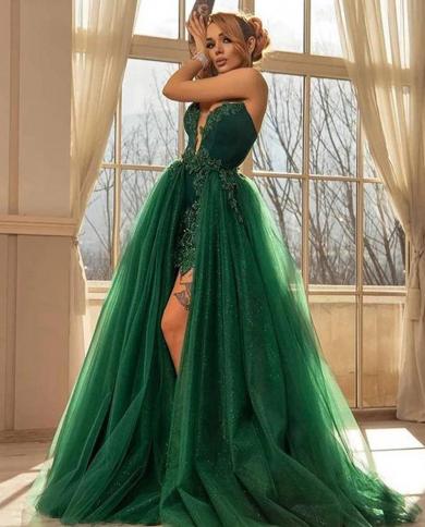 Green Asymmetrical Summer Strapless 2023 New Summer Evening Dresses V Neck  Soft Tulle Lace Sequined Prom Gowns Robe De S Color Gold US Size Custom Size