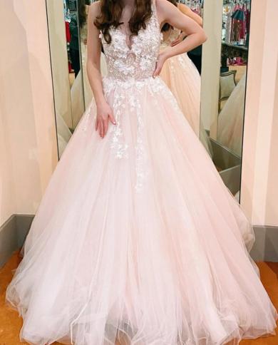Light Pink Prom Dresses Tulle Lace Floral V Neck Sleeveless A Line Long Floor Length Backless Elegant Evening Gowns Part Color champagne US Size Custom Size