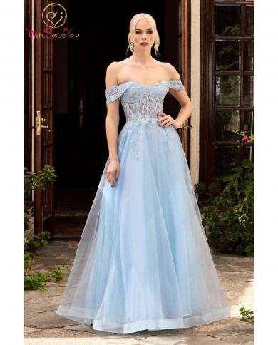 Sky Blue Prom Dress 2023 Beading Lace Applique Glitters Sparkly A Line Off  Shoulder Sweetheart Evening Gown Party Floor Color Silver US Size 16