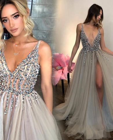 2023 High Split V Neck Prom Dresses Tulle A Line Long Vestidos De