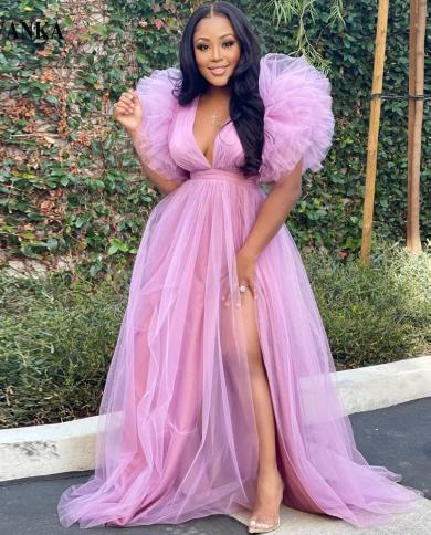 Livanka Evening Prom Dresses Purple Deep V Neck High Slit Puffy