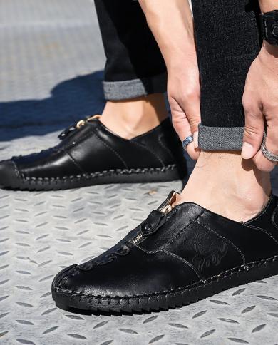 Genuine Leather Shoes Men Casual Sneakers Slip On Fashion Shoe Loafers Men  Shoes Moccasins Tooling Shoe Footwear Big Siz Color Khaki Shoe Size 10
