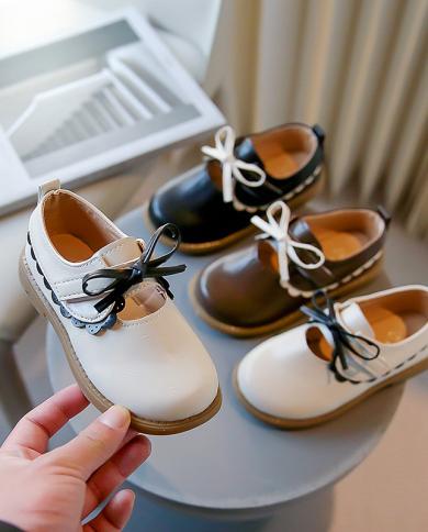 Girls Leather Shoes Kids Casual Shoes Children Flats 2023 Spring Autumn New  Chic Retro Hollow With Bow Knot Soft Princes Color Beige Shoe Size 29