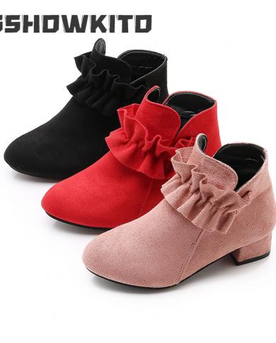 Girls Ankle Boots High Heels Square Heel With Ruffles Flouncing Kids Princess Boots Children Snow Boots Warm Fashion Swe Color Pink Shoe Size 33