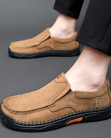 Men genuine leather stitching slip on metal decoration non slip casual shoes hotsell
