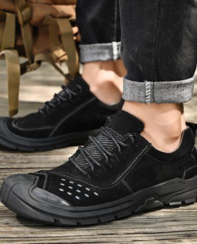 Men Shoes Genuine Leather Casual Shoes Classic Lace Up Leisure Flats Fashion Leisure Driving Shoes Men Outdoor Moccasins Color Dark Brown Shoe Size 7.5