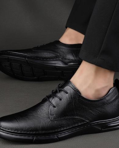 Men Casual Leather Shoes Lace Up Work Shoes Men Flat Genuine Leather Shoes Men Nonslip Soft Sole Shoes Men Designer Shoe Color Black Shoe Size 9