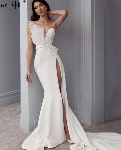 Serene Hill Designer White Satin Beaded Split Evening Dresses