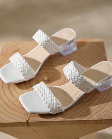 2023 New Fashion Summer Women Sandals Ladies Shallow Mouth Colorblock High Thick Shoes Middle Heel Ladies Slippers Plus