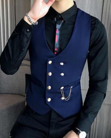 Mens Working Wedding Suits Vest Chain Double Breasted Business
