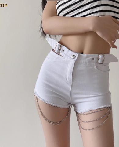 High Quality Women White Black Denim Shorts Hole Chain Hot Pants Pole Dance Jeans Night Club Shorts Pantalones Cortos S size XL Color White